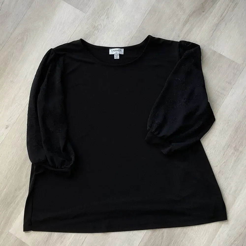 Carmen Marc Valvo Black Blouse Sheer Sleeves Womens 1X